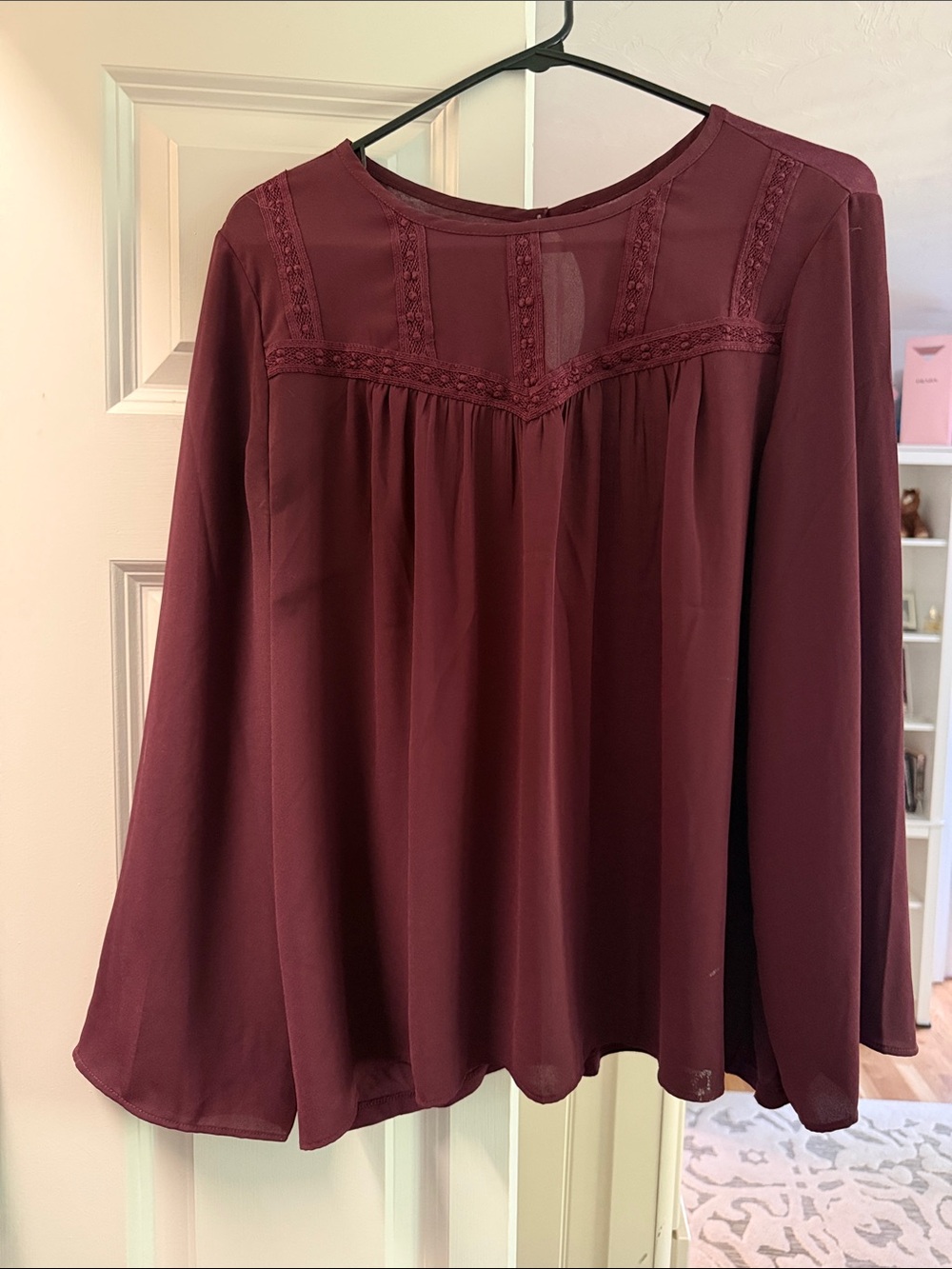 LOFT Burgundy Long-Sleeve Lace-Yoke Blouse
